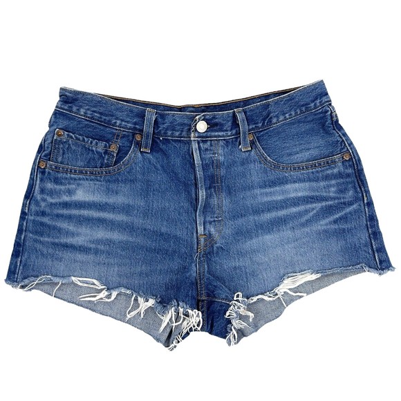 Levis Premium 501 Denim Cut Off Button Fly Medium Blue Jean Shorts Womens 30 - Picture 1 of 14
